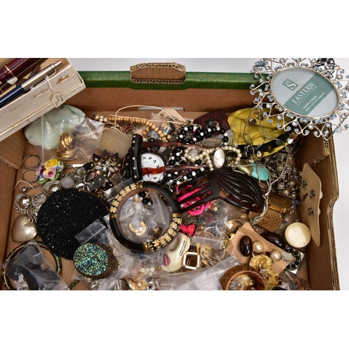 299 - A BOX OF MOSTLY COSTUME JEWELLERY, pieces to include yellow and white metal necklaces, bracelets, ea... 