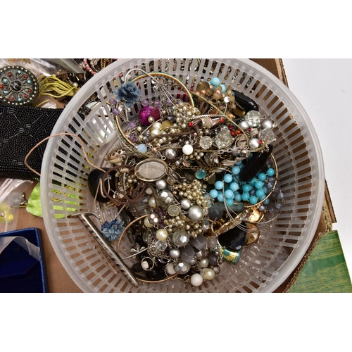 299 - A BOX OF MOSTLY COSTUME JEWELLERY, pieces to include yellow and white metal necklaces, bracelets, ea... 