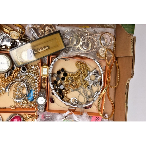 300 - A BOX OF ASSORTED COSTUME JEWELLERY, to include a variety of ladies fashion wristwatches such as 'Se... 