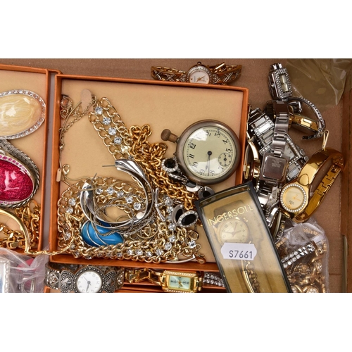 300 - A BOX OF ASSORTED COSTUME JEWELLERY, to include a variety of ladies fashion wristwatches such as 'Se... 