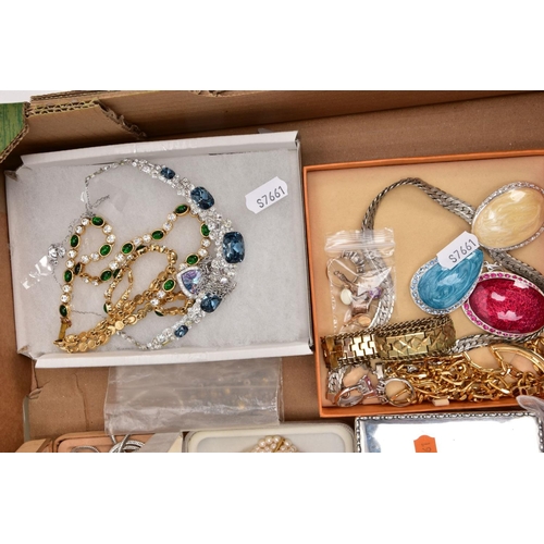 300 - A BOX OF ASSORTED COSTUME JEWELLERY, to include a variety of ladies fashion wristwatches such as 'Se... 