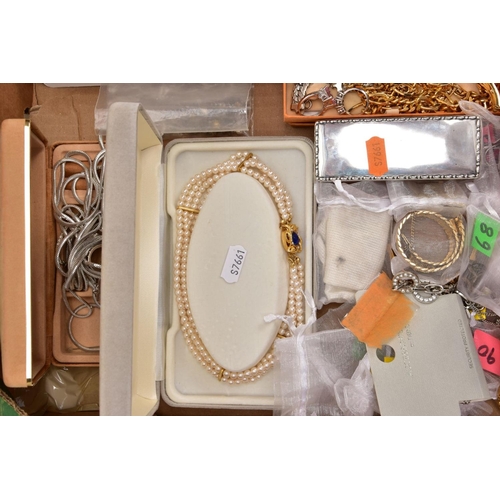 300 - A BOX OF ASSORTED COSTUME JEWELLERY, to include a variety of ladies fashion wristwatches such as 'Se... 