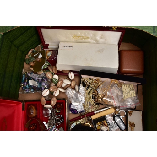 301 - TWO BOXES OF MOSTLY COSTUME JEWELLERY, to include a white metal brooch in the form of a feather set ... 