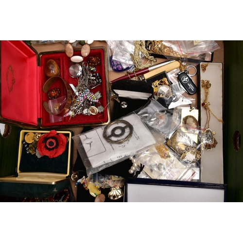 301 - TWO BOXES OF MOSTLY COSTUME JEWELLERY, to include a white metal brooch in the form of a feather set ... 