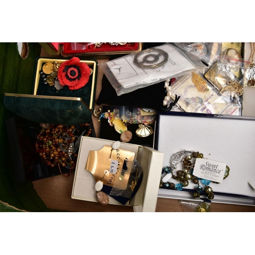 301 - TWO BOXES OF MOSTLY COSTUME JEWELLERY, to include a white metal brooch in the form of a feather set ... 