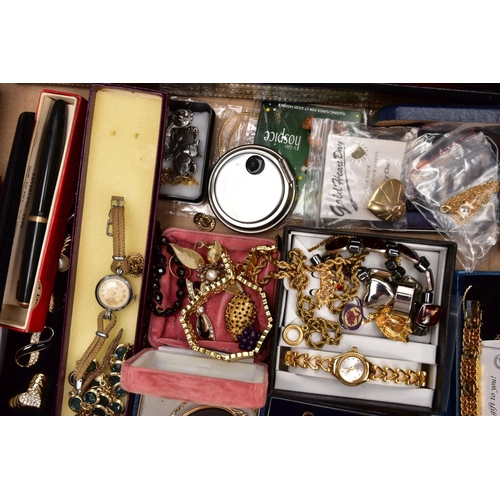 301 - TWO BOXES OF MOSTLY COSTUME JEWELLERY, to include a white metal brooch in the form of a feather set ... 