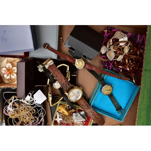 302 - A BOX OF MOSTLY COSTUME JEWELLERY, to include a yellow and white metal cluster ring set with green a... 