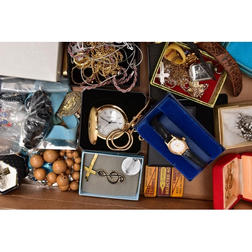 302 - A BOX OF MOSTLY COSTUME JEWELLERY, to include a yellow and white metal cluster ring set with green a... 