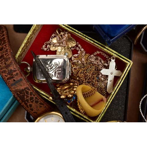 302 - A BOX OF MOSTLY COSTUME JEWELLERY, to include a yellow and white metal cluster ring set with green a... 