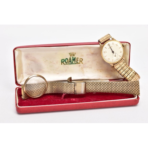 303 - A GENTS 9CT GOLD 'ROAMER' WRISTWATCH, hand wound movement in need of some attention, round champagne... 