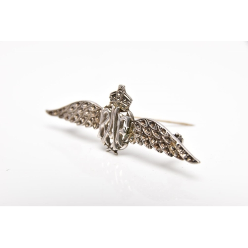 304 - A WHITE METAL R.A.F BADGE, length 57mm, missing most of the marcasite stones, fitted with a brooch p... 