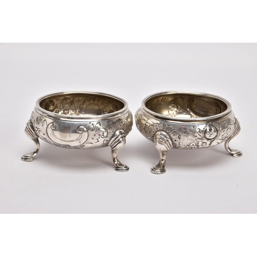 311 - A PAIR OF GEORGE II OPEN SILVER SALTS, cauldron shape, embossed floral design, vacant cartouche, rai... 