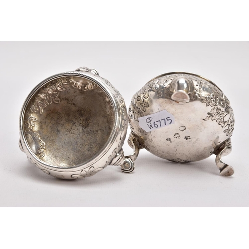 311 - A PAIR OF GEORGE II OPEN SILVER SALTS, cauldron shape, embossed floral design, vacant cartouche, rai... 