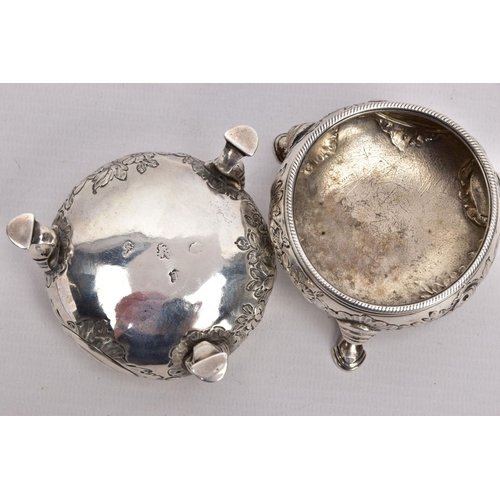 311 - A PAIR OF GEORGE II OPEN SILVER SALTS, cauldron shape, embossed floral design, vacant cartouche, rai... 