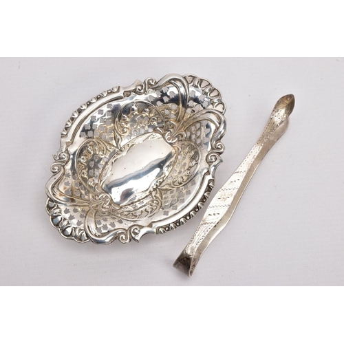 312 - A SILVER BONBON DISH AND A PAIR OF SUGAR TONGS, the bonbon dish of an oval form, pierced bowl with f... 