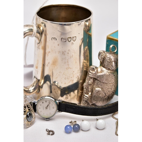 316 - A SILVER CUP, NAPKIN RINGS, BABY RATTLE AND JEWELLERY, the late Victorian cup of a plain polished ta... 