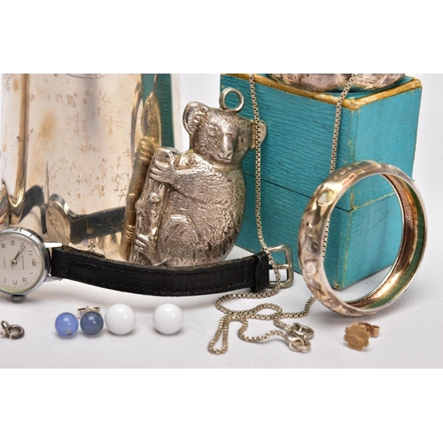 316 - A SILVER CUP, NAPKIN RINGS, BABY RATTLE AND JEWELLERY, the late Victorian cup of a plain polished ta... 