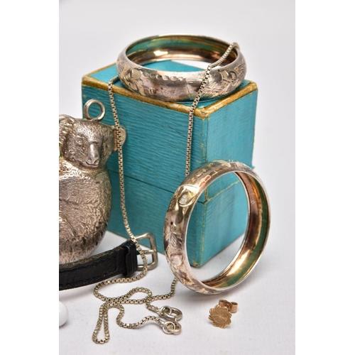 316 - A SILVER CUP, NAPKIN RINGS, BABY RATTLE AND JEWELLERY, the late Victorian cup of a plain polished ta... 