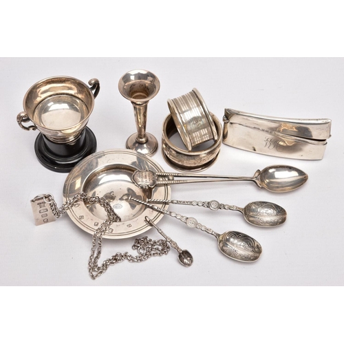 317 - A TRAY OF SILVER ITEMS, to include a small circular dish with a wide flat rim, hallmarked 'William C... 