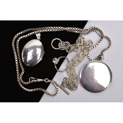 340 - TWO SILVER LOCKETS, A CHAIN AND A WHITE METAL RING AND BRACELET, the first locket of a circular form... 