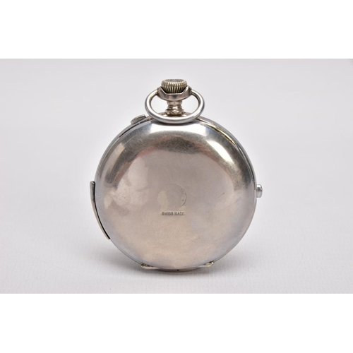 345 - A SILVER-PLATED QUARTER REPEATER, OPEN FACE POCKET WATCH, round white dial signed 'F. Monnier', Roma... 