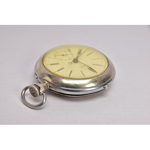 345 - A SILVER-PLATED QUARTER REPEATER, OPEN FACE POCKET WATCH, round white dial signed 'F. Monnier', Roma... 