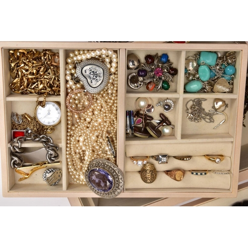 346 - A JEWELLERY BOX WITH MOSTLY COSTUME JEWELLERY, cream chest shaped jewellery box with floral detail t... 