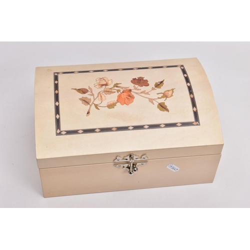 346 - A JEWELLERY BOX WITH MOSTLY COSTUME JEWELLERY, cream chest shaped jewellery box with floral detail t... 