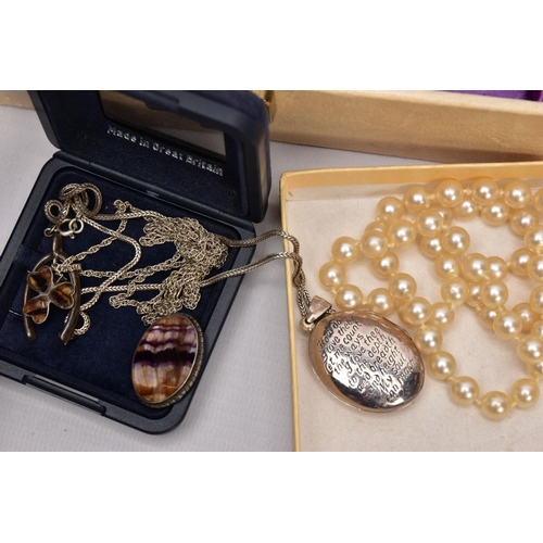 348 - A BOX OF ASSORTED SILVER AND COSTUME JEWELLERY AND TWO WRISTWATCHES,  to include a silver oval locke... 