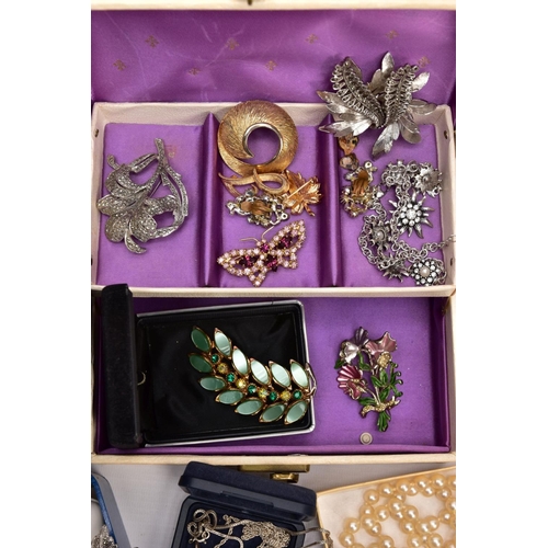 348 - A BOX OF ASSORTED SILVER AND COSTUME JEWELLERY AND TWO WRISTWATCHES,  to include a silver oval locke... 