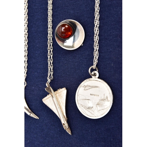 349 - FOUR PENDANT NECKLACES AND A PAIR OF EARRINGS, to include two Concorde pendants one stamped 'Silver'... 