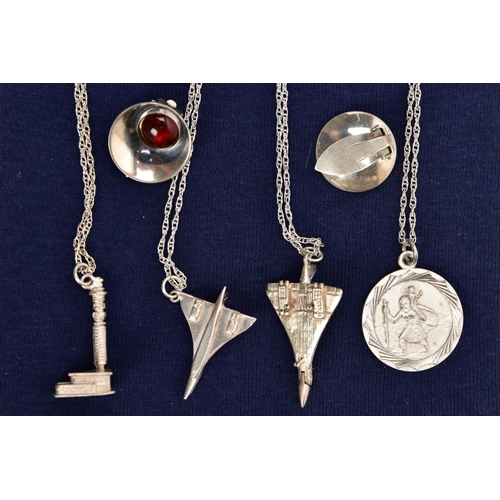 349 - FOUR PENDANT NECKLACES AND A PAIR OF EARRINGS, to include two Concorde pendants one stamped 'Silver'... 