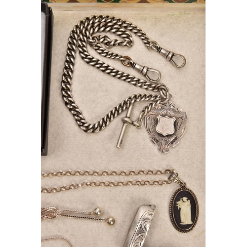 352 - A BOX OF ASSORTED SILVER AND WHITE METAL JEWELLERY, to include a silver vest of a rounded rectangula... 