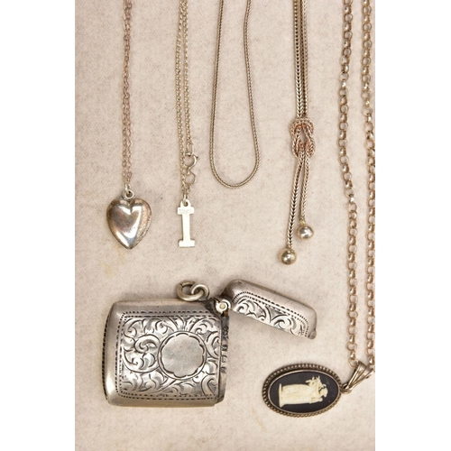 352 - A BOX OF ASSORTED SILVER AND WHITE METAL JEWELLERY, to include a silver vest of a rounded rectangula... 