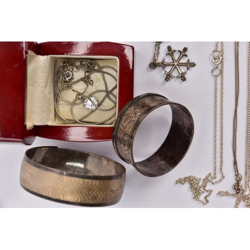 353 - A SELECTION OF SILVER AND WHITE METAL ITEMS, to include a single silver napkin ring, engraved foliat... 