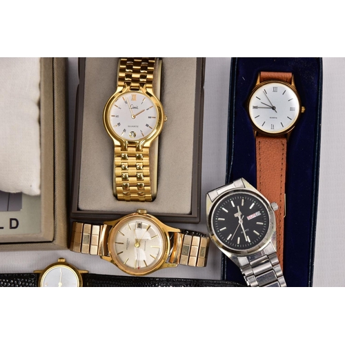 355 - A BOX OF ASSORTED LADIES AND GENTS FASHION WRISTWATCHES, to include a ladies boxed 'Bellfield' Quart... 