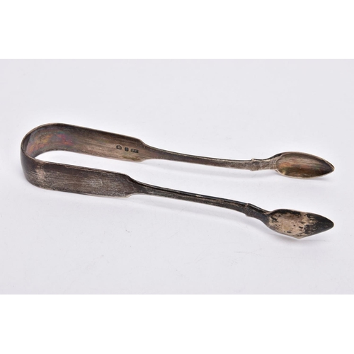 359 - A PAIR OF GEORGE IV SILVER SUGAR TONGS, plain polished fiddle pattern design, engraved initials to t... 