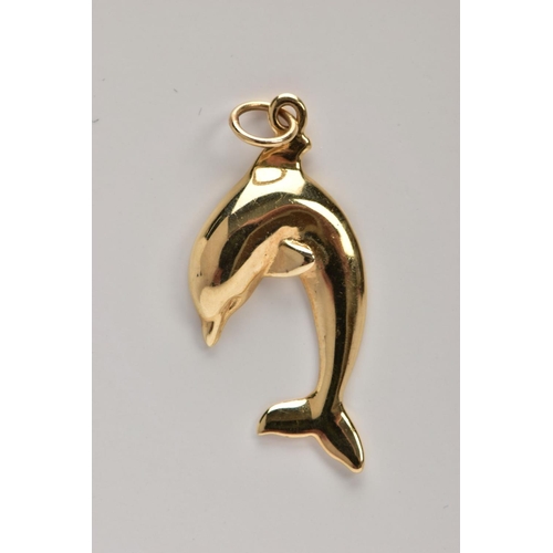 363 - A YELLOW METAL DOLPHIN PENDANT, fitted with a suspension ring, stamped to the reverse '14k', length ... 