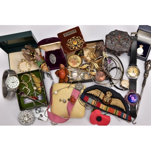 370 - A BOX OF MISCELLANEOUS ITEMS, to include a 9ct gold front and back heart locket, a white metal thist... 