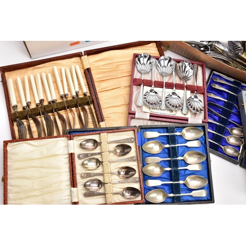 375 - A BOX OF ASSORTED CUTLERY, to include two cased sets of twelve-piece fish knives and forks, a cased ... 