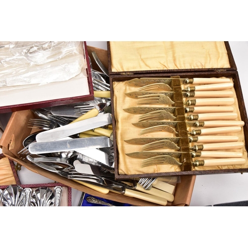 375 - A BOX OF ASSORTED CUTLERY, to include two cased sets of twelve-piece fish knives and forks, a cased ... 