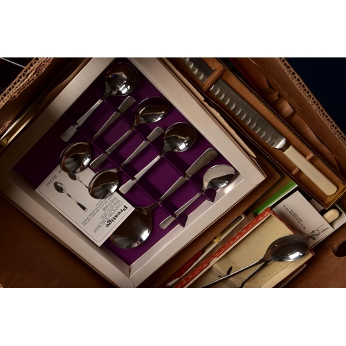 375 - A BOX OF ASSORTED CUTLERY, to include two cased sets of twelve-piece fish knives and forks, a cased ... 