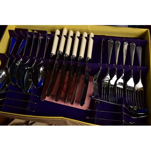 375 - A BOX OF ASSORTED CUTLERY, to include two cased sets of twelve-piece fish knives and forks, a cased ... 