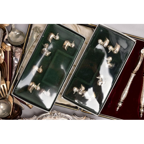 377 - A BOX OF ASSORTED WHITE METAL ITEMS, to include three rectangular entrée dishes with covers, a cased... 