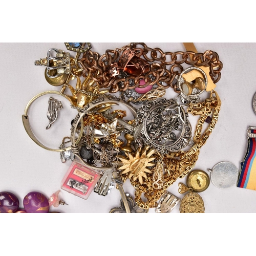 378 - A BOX OF MOSTLY COSTUME JEWELLERY, to include pieces such as brooches, earrings, pendants, beaded wh... 