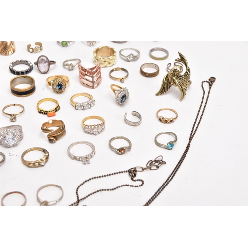 380 - A BAG OF MOSTLY COSTUME RINGS, yellow and white metal rings in various styles, some fitted with past... 