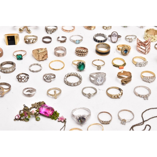 380 - A BAG OF MOSTLY COSTUME RINGS, yellow and white metal rings in various styles, some fitted with past... 