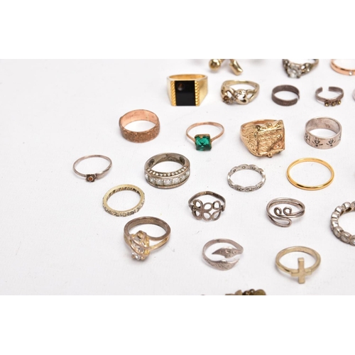 380 - A BAG OF MOSTLY COSTUME RINGS, yellow and white metal rings in various styles, some fitted with past... 