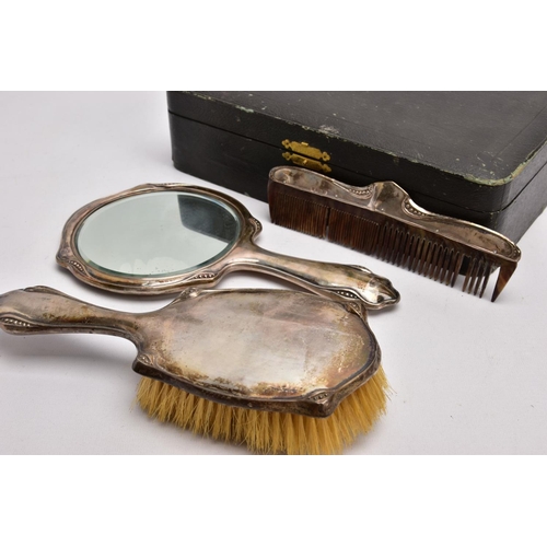 385 - A CASED THREE-PIECE SILVER VANITY SET, black box comprising of a hairbrush, comb and mirror, each pi... 