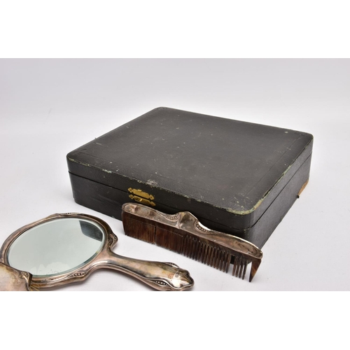 385 - A CASED THREE-PIECE SILVER VANITY SET, black box comprising of a hairbrush, comb and mirror, each pi... 